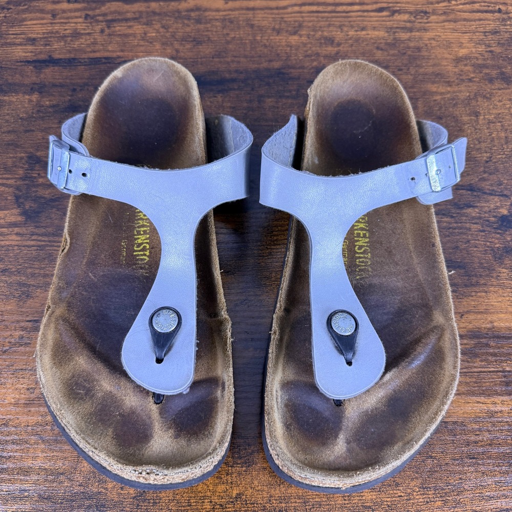 Birkenstock Gizeh Sandals Womens 39 L8 M6 Silver Thong Buckle Comfort Cork
